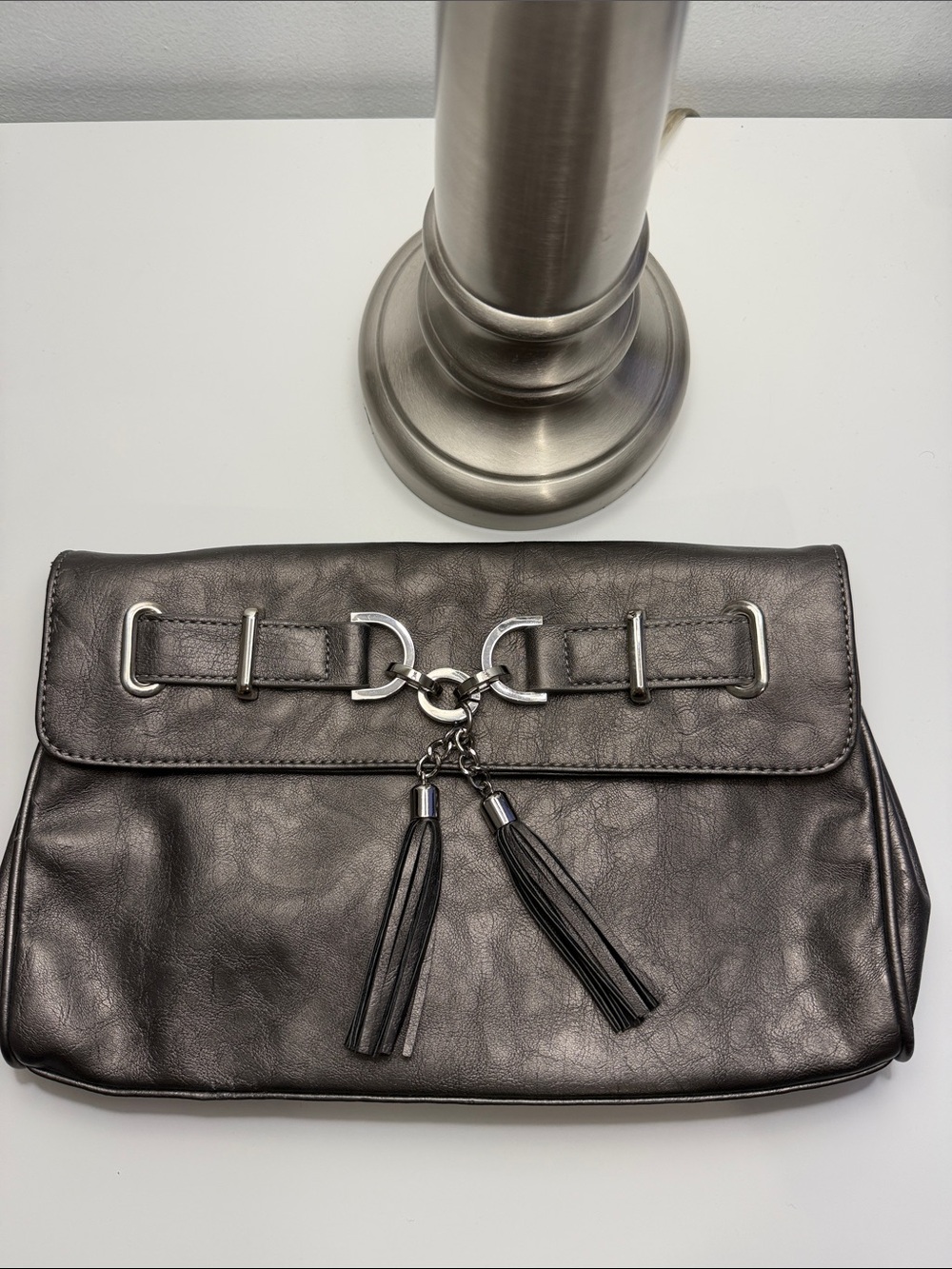Elle Black Clutch with Silver-Tone Hardware and Tassels